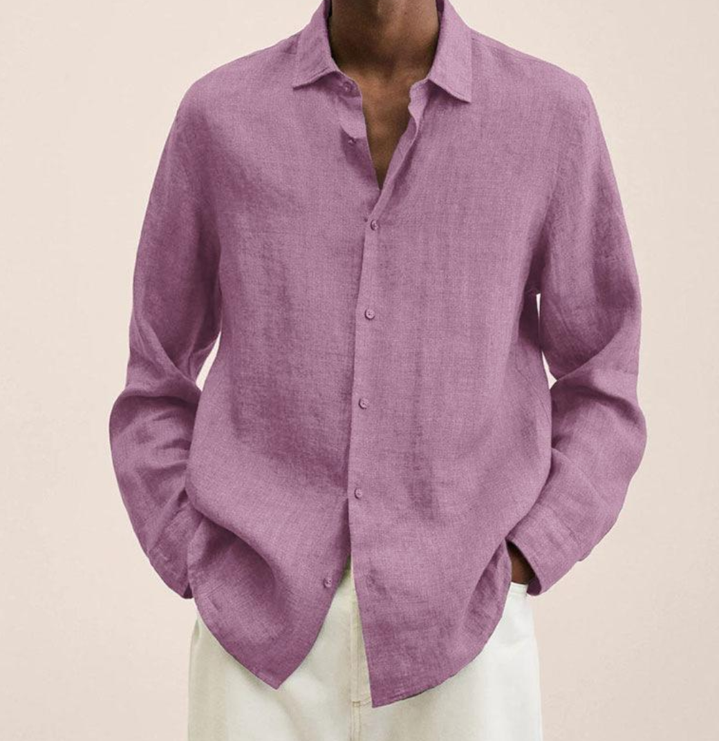 Linen Shirt - Men's Loose Fit Long Sleeve Button-Up Shirt-Chaps of London-Pink-M-Chaps of London