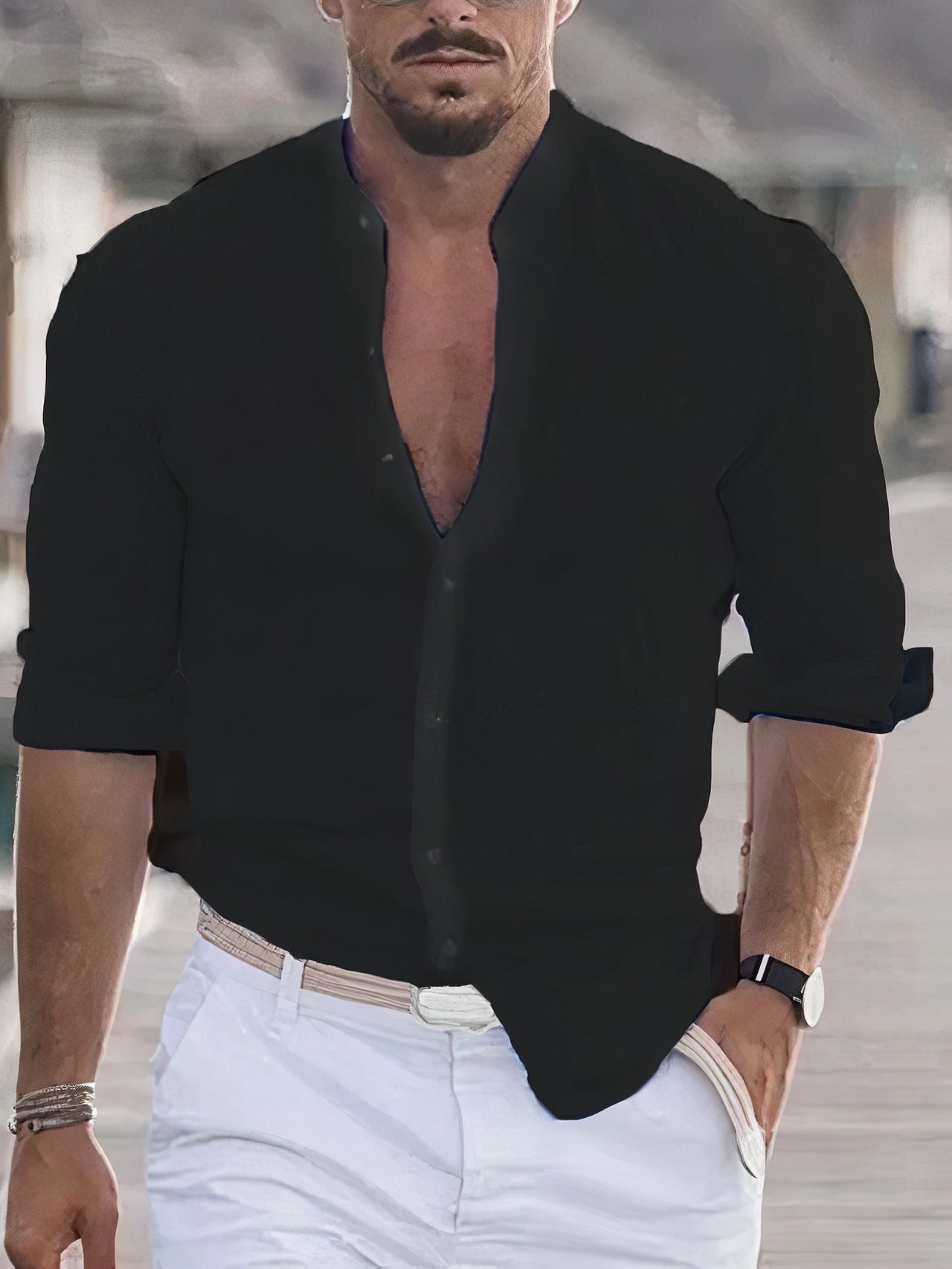 Linen Shirt - Men's Slim Fit Cotton Long Sleeve Button-Up Shirt-Blouses_M-Chaps of London-Black-S-Chaps of London