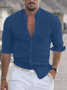 Linen Shirt - Men's Slim Fit Cotton Long Sleeve Button-Up Shirt-Blouses_M-Chaps of London-Dark Blue-S-Chaps of London
