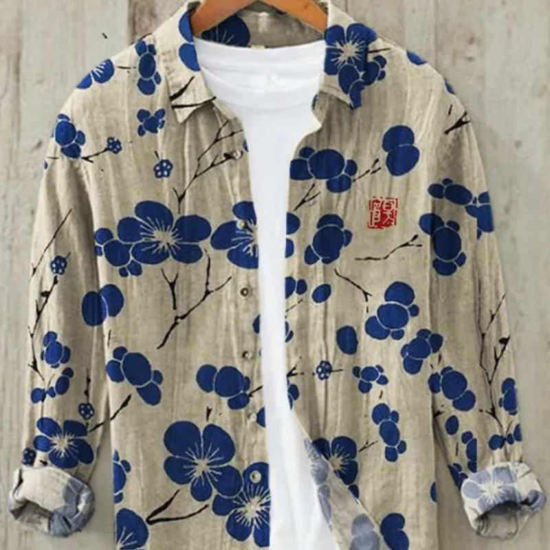 Linen Shirt | Printed | Button-Up | Long Sleeve Shirt | Men's Shirt-Chaps of London-Blue Cherry Blossom-S-Chaps of London