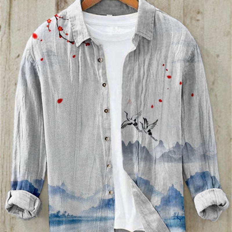 Linen Shirt | Printed | Button-Up | Long Sleeve Shirt | Men's Shirt-Chaps of London-Flying Storks-S-Chaps of London