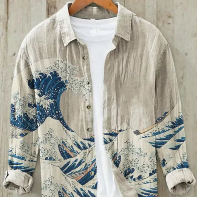 Linen Shirt | Printed | Button-Up | Long Sleeve Shirt | Men's Shirt-Chaps of London-Gulf of Kanagawa-S-Chaps of London