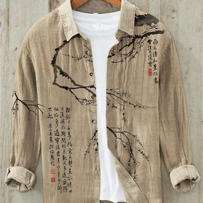 Linen Shirt | Printed | Button-Up | Long Sleeve Shirt | Men's Shirt-Chaps of London-Japanese Characters-S-Chaps of London