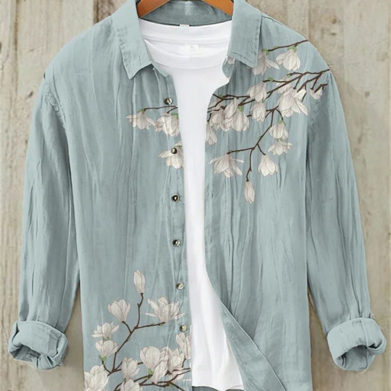 Linen Shirt | Printed | Button-Up | Long Sleeve Shirt | Men's Shirt-Chaps of London-Magnolia-S-Chaps of London