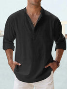 Linen Shirt | Quarter Button | Long Sleeve | Men's Linen Clothes | Men's Shirts-Shirt-Chaps of London-Black-S-Chaps of London