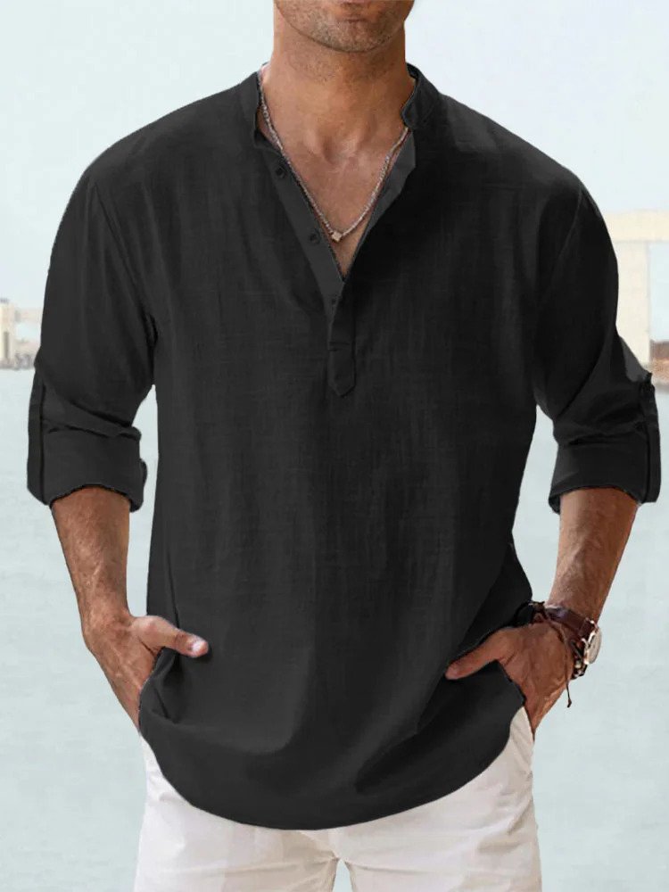 Linen Shirt | Quarter Button | Long Sleeve | Men's Linen Clothes | Men's Shirts-Shirt-Chaps of London-Black-S-Chaps of London