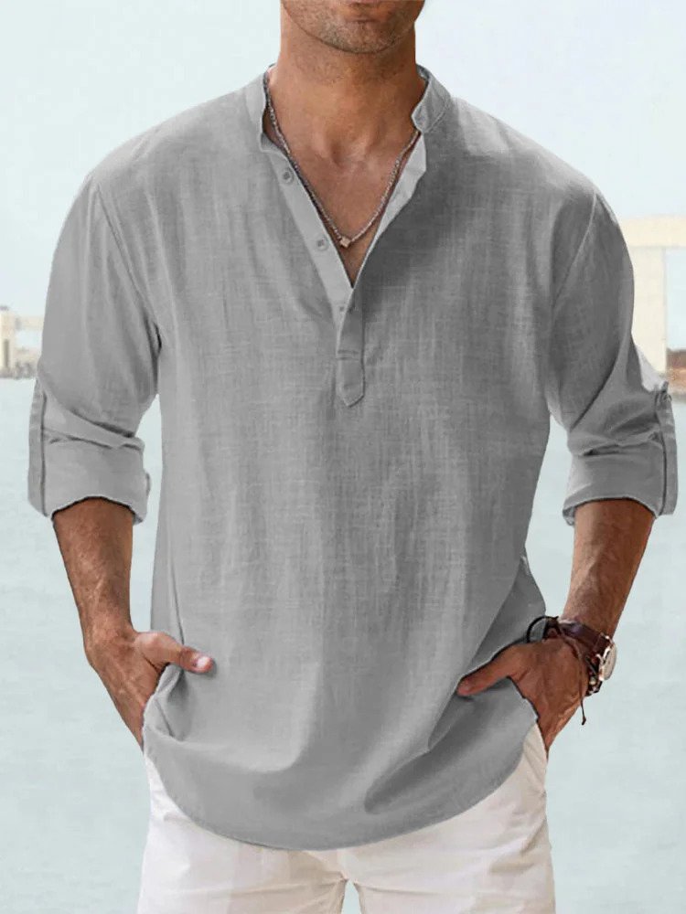 Linen Shirt | Quarter Button | Long Sleeve | Men's Linen Clothes | Men's Shirts-Shirt-Chaps of London-Cream Grey-S-Chaps of London