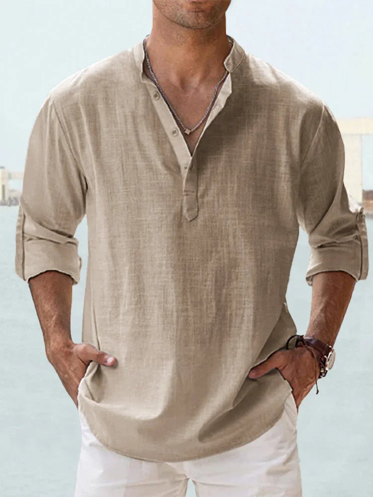Linen Shirt | Quarter Button | Long Sleeve | Men's Linen Clothes | Men's Shirts-Shirt-Chaps of London-Khaki-S-Chaps of London