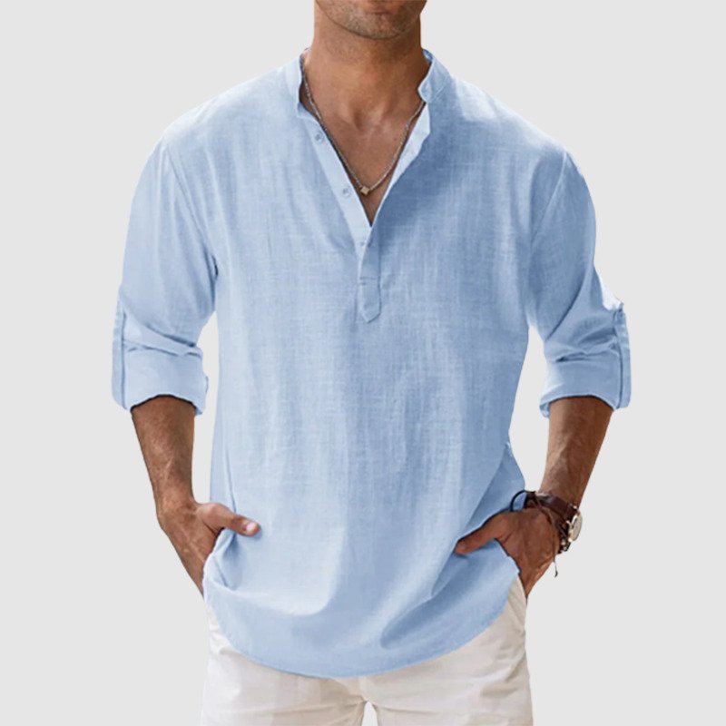 Linen Shirt | Quarter Button | Long Sleeve | Men's Linen Clothes | Men's Shirts-Shirt-Chaps of London-Light Blue-S-Chaps of London