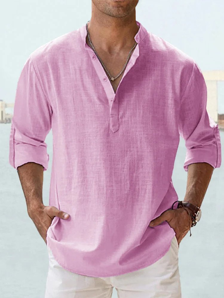 Linen Shirt | Quarter Button | Long Sleeve | Men's Linen Clothes | Men's Shirts-Shirt-Chaps of London-Pink-S-Chaps of London