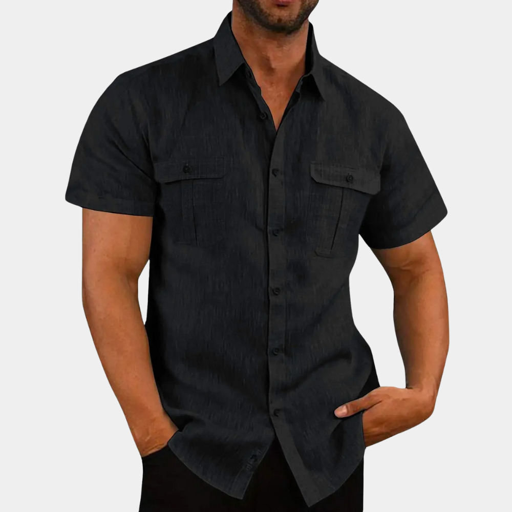 Linen Shirt - Short Sleeve - Breast Pockets - Shirts Button-Up - Men's Shirt-Men Summer Shirt-Chaps of London-Black-M-Chaps of London