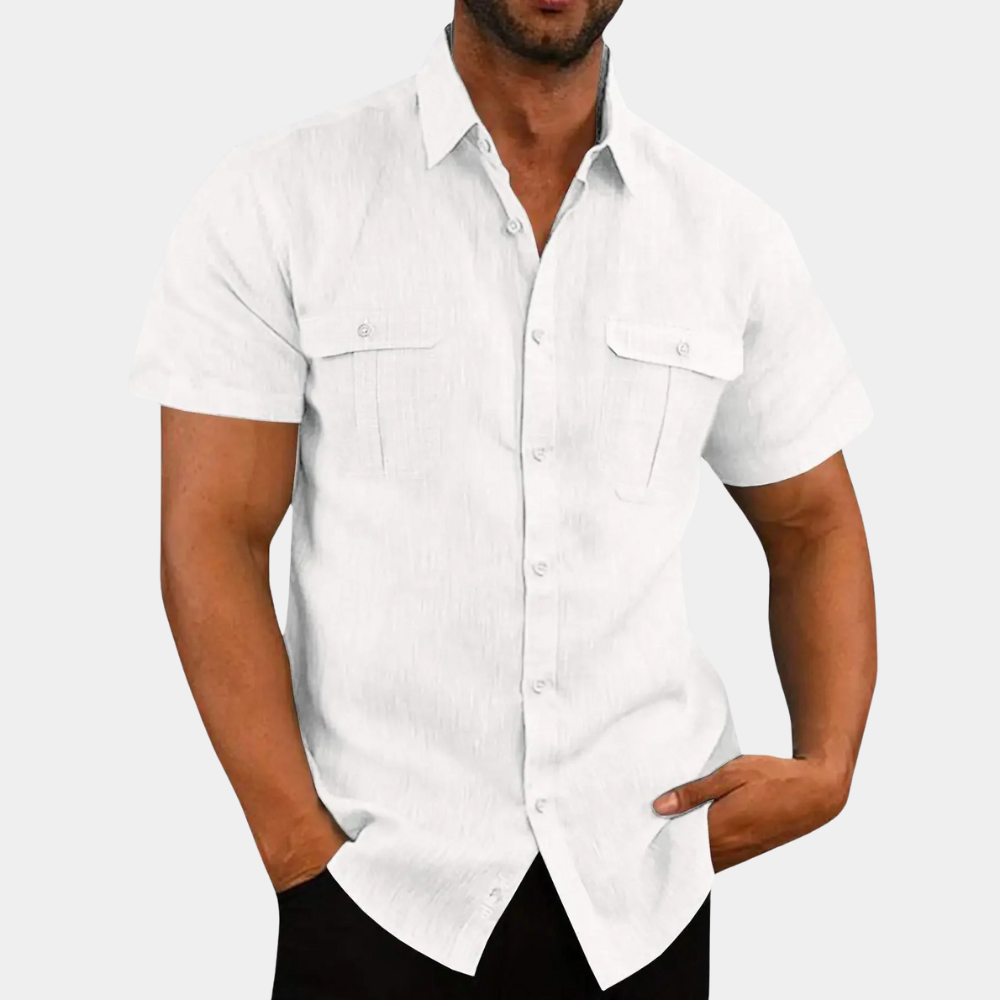Linen Shirt - Short Sleeve - Breast Pockets - Shirts Button-Up - Men's Shirt-Men Summer Shirt-Chaps of London-White-M-Chaps of London
