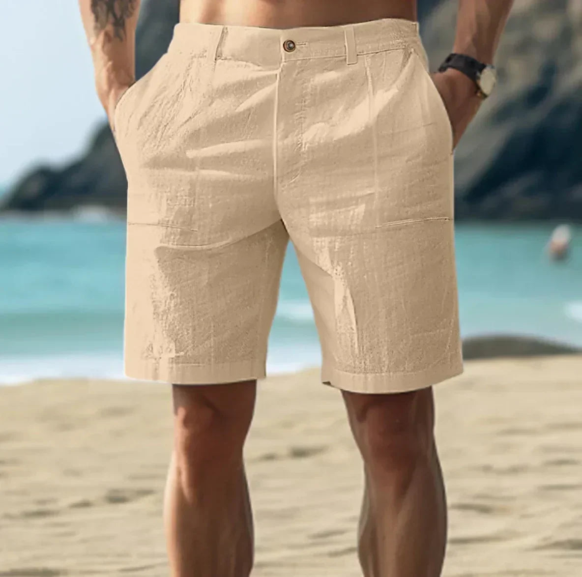 Linen Shorts - Men's Casual Lightweight Summer Shorts with Pockets-Chaps of London-Khaki-S-Chaps of London