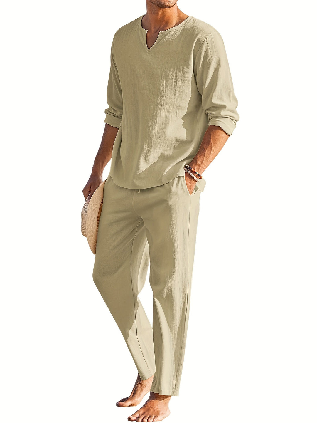 Linen Two-Piece Set - Casual - Long Sleeve - Linen Co Ord - Men's Summer Clothes -Chaps of London-Khaki-S-Chaps of London