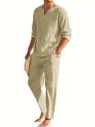 Linen Two-Piece Set - Casual - Long Sleeve - Linen Co Ord - Men's Summer Clothes -Chaps of London-Khaki-S-Chaps of London