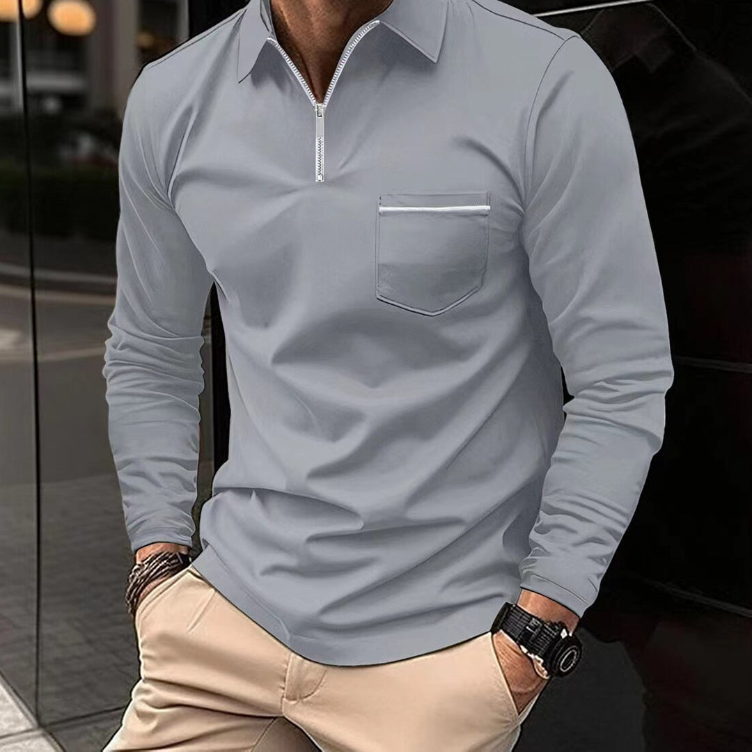 Long Sleeve Polo Shirt - Collared - Quarter Zip - Polo Shirts - Men's Clothing-Men Winter Shirt-Chaps of London-Grey-S-Chaps of London