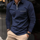 Long Sleeve Polo Shirt - Collared - Quarter Zip - Polo Shirts - Men's Clothing-Men Winter Shirt-Chaps of London-Navy Blue-S-Chaps of London