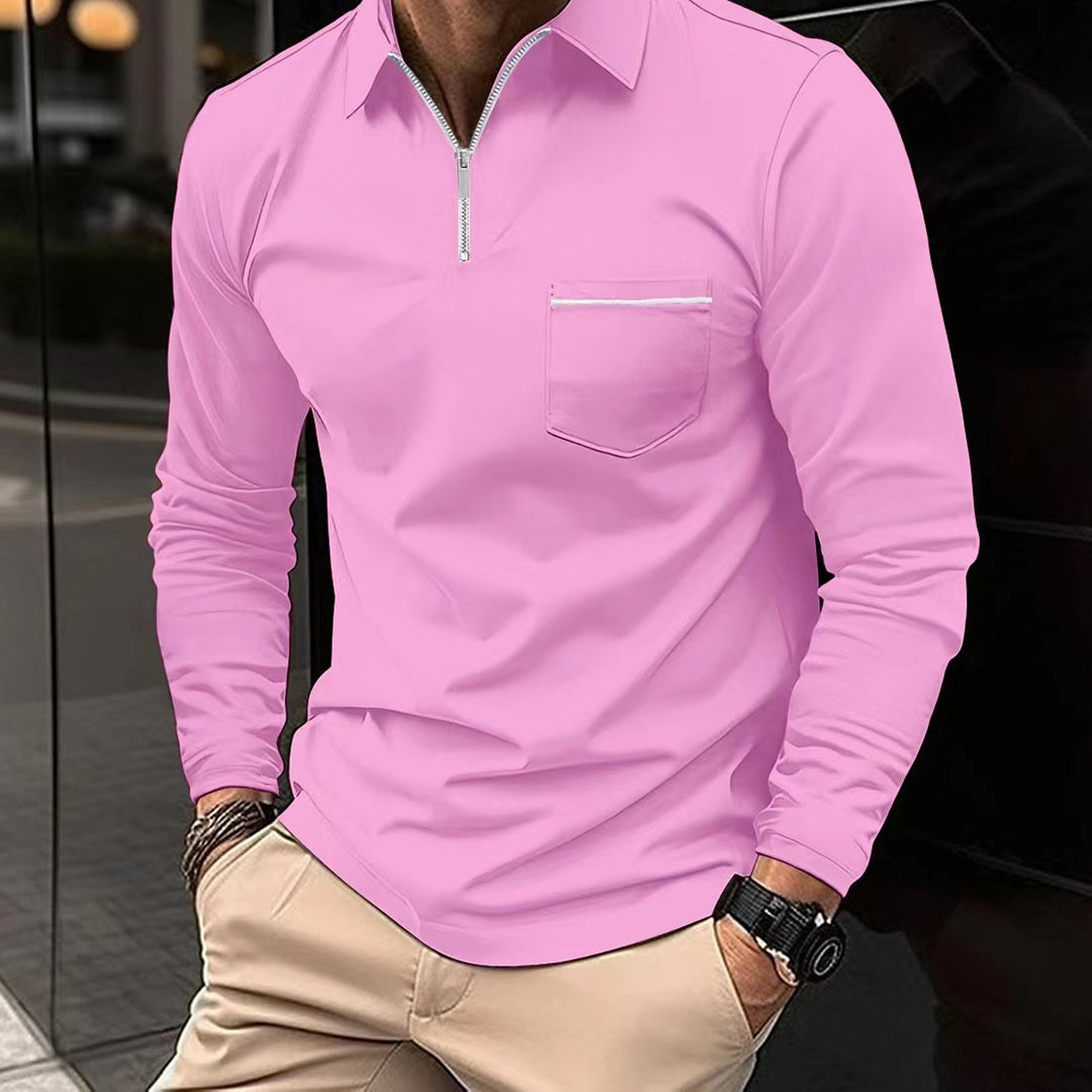 Long Sleeve Polo Shirt - Collared - Quarter Zip - Polo Shirts - Men's Clothing-Men Winter Shirt-Chaps of London-Pink-S-Chaps of London