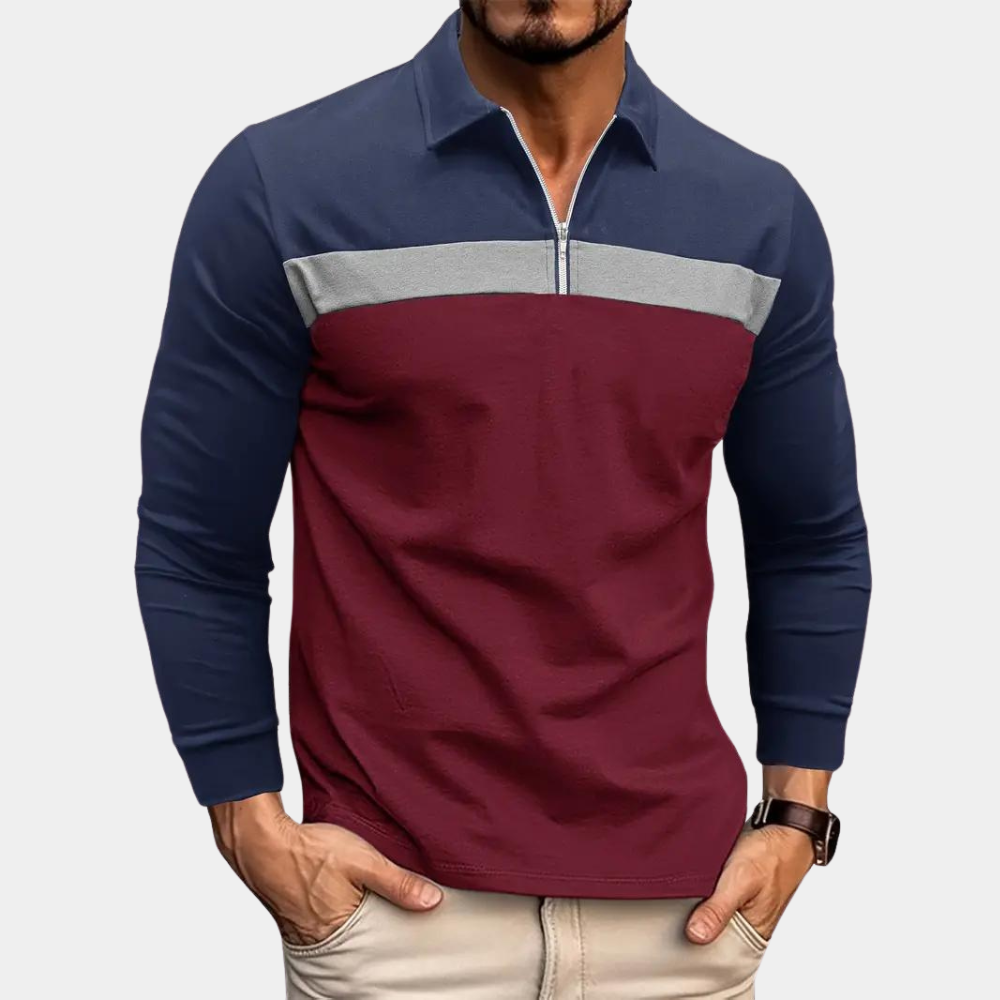 Long Sleeve Polo Shirt - Men's Collared Quarter Zip Long Sleeve T-Shirt-Chaps of London-Burgundy Red-S-Chaps of London