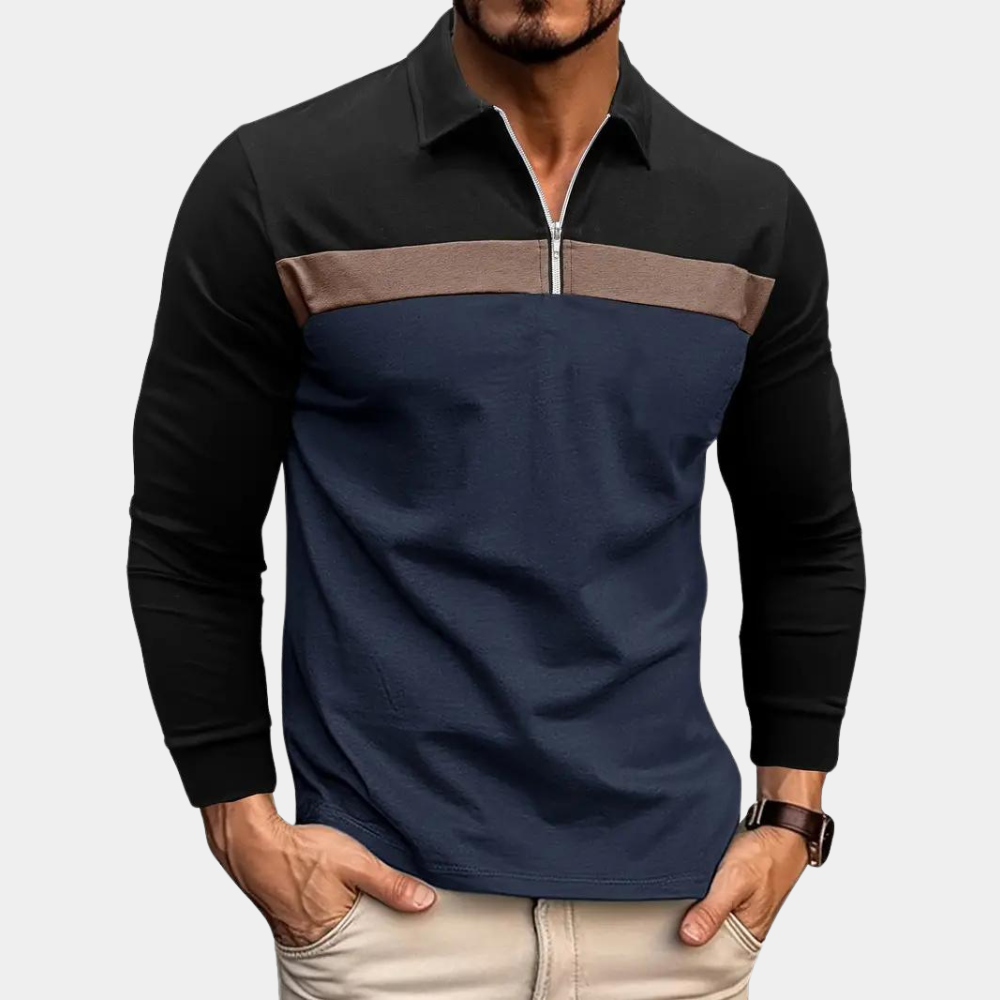 Long Sleeve Polo Shirt - Men's Collared Quarter Zip Long Sleeve T-Shirt-Chaps of London-Navy Blue-S-Chaps of London
