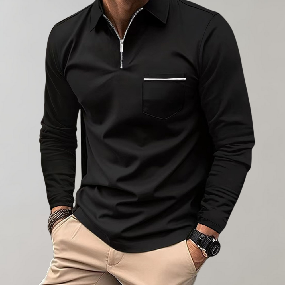 Long Sleeve Polo Shirt - Men's Collared Quarter Zip Polo Shirt-Men Summer Shirt-Chaps of London-Black-S-Chaps of London
