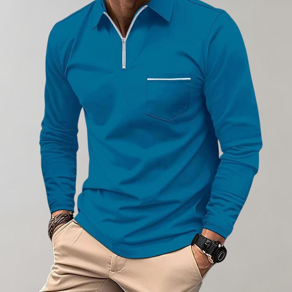 Long Sleeve Polo Shirt - Men's Collared Quarter Zip Polo Shirt-Men Summer Shirt-Chaps of London-Blue-S-Chaps of London