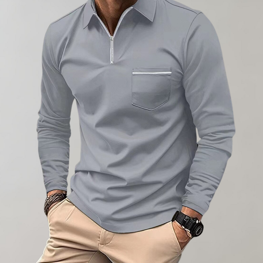 Long Sleeve Polo Shirt - Men's Collared Quarter Zip Polo Shirt-Men Summer Shirt-Chaps of London-Grey-S-Chaps of London