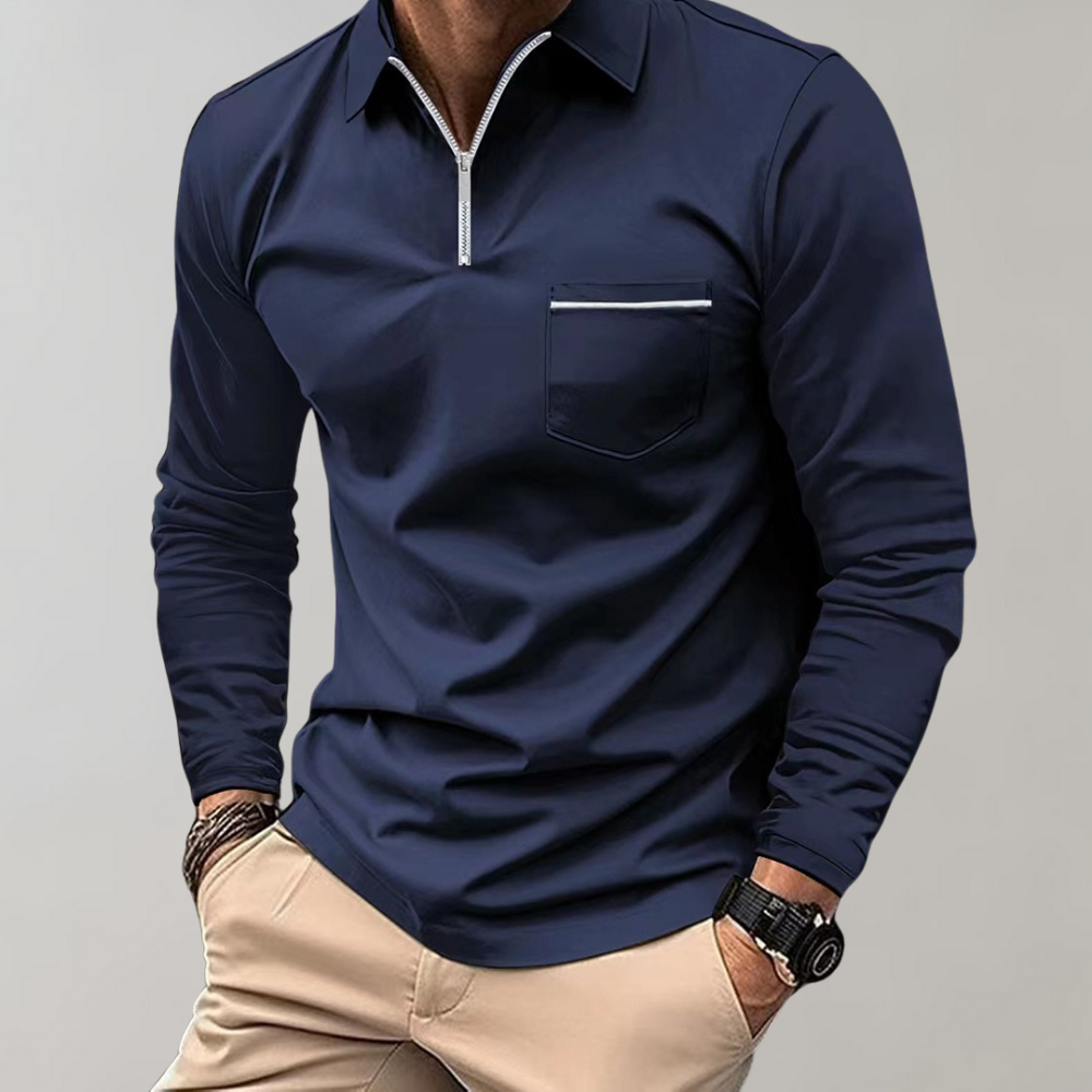 Long Sleeve Polo Shirt - Men's Collared Quarter Zip Polo Shirt-Men Summer Shirt-Chaps of London-Navy Blue-S-Chaps of London