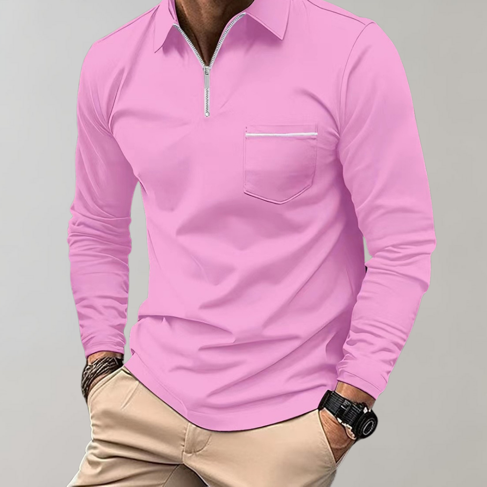 Long Sleeve Polo Shirt - Men's Collared Quarter Zip Polo Shirt-Men Summer Shirt-Chaps of London-Pink-S-Chaps of London