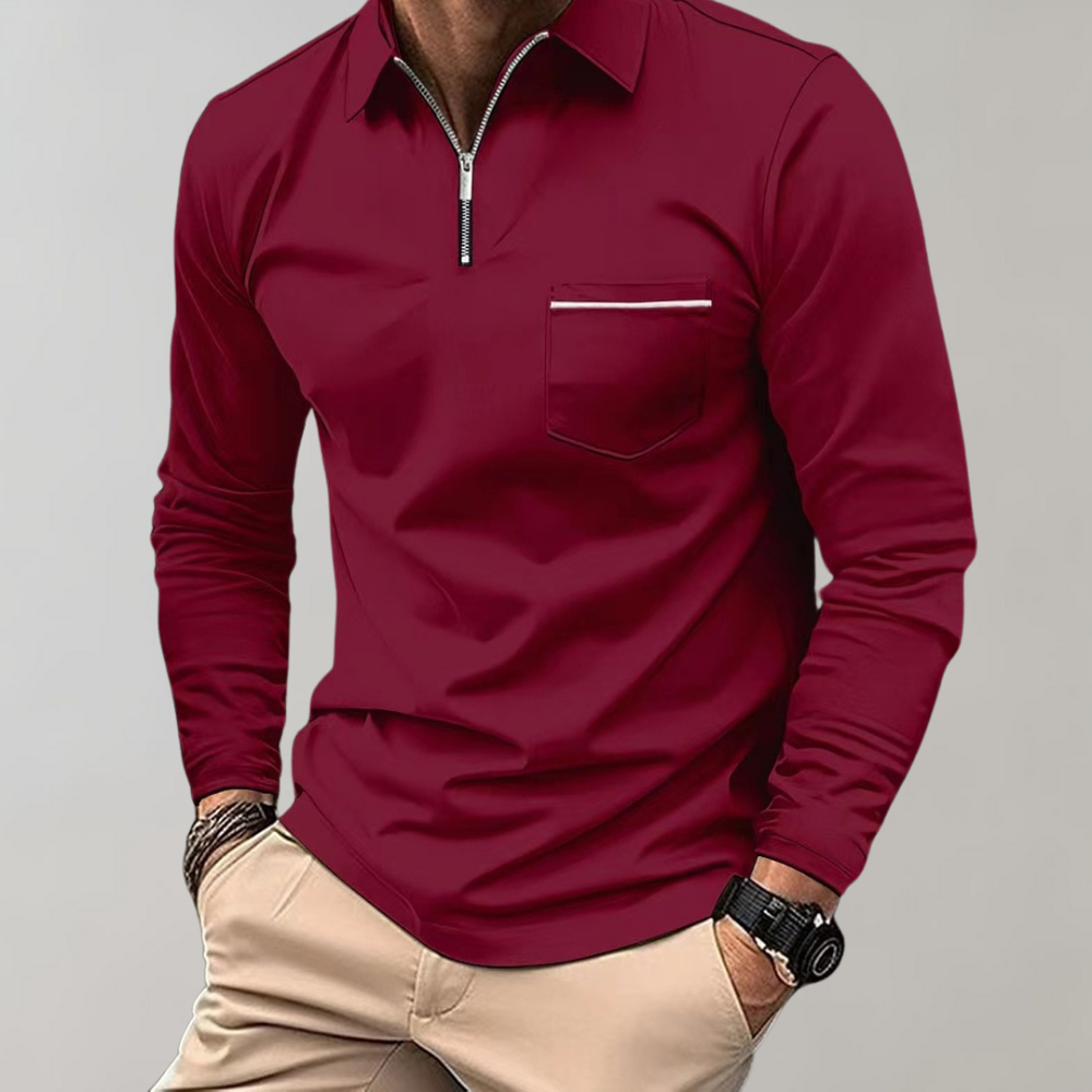 Long Sleeve Polo Shirt - Men's Collared Quarter Zip Polo Shirt-Men Summer Shirt-Chaps of London-Red-S-Chaps of London