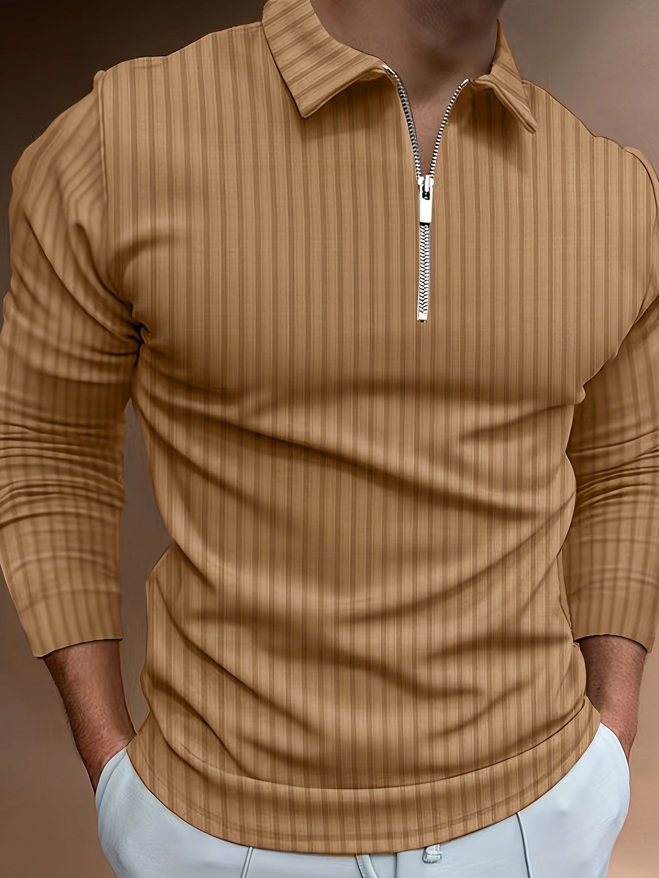 Long Sleeve Polo Shirt | Quarter Zip | Slim Fit | Half Zip Polo | Men's Jumper-Chaps of London-Khaki-S-Chaps of London