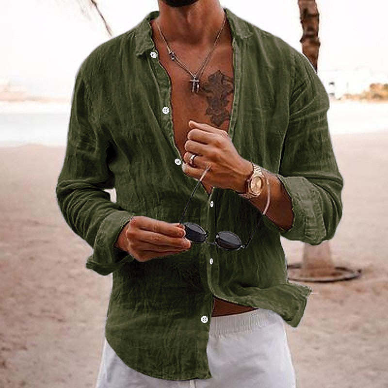 Long Sleeve Shirt - Button-Up - Lightweight - Linen Shirt - Men's Shirts-Men's Top-Chaps of London-Army Green-S-Chaps of London