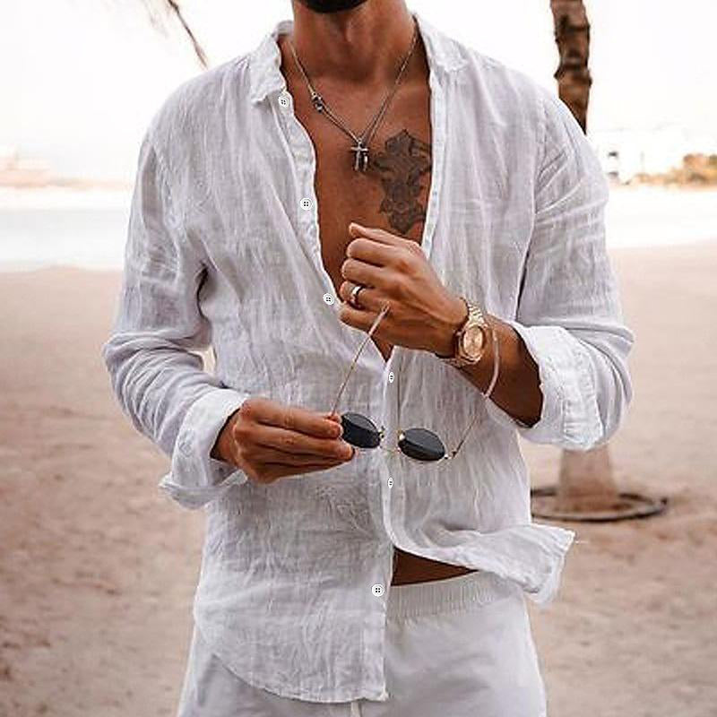 Long Sleeve Shirt - Button-Up - Lightweight - Linen Shirt - Men's Shirts-Men's Top-Chaps of London-White-S-Chaps of London
