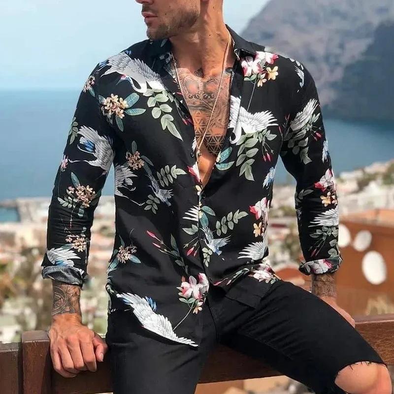 Long Sleeve Shirt - Printed - Button-Up - Hawaiian Shirt - Men's Shirt-Shirts & Tops-Chaps of London-Black-S-Chaps of London