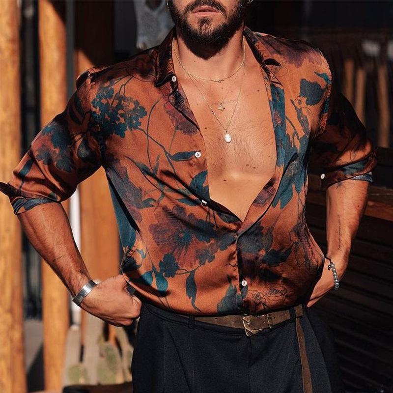 Long Sleeve Shirt - Printed - Button-Up - Hawaiian Shirt - Men's Shirt-Shirts & Tops-Chaps of London-Orange-S-Chaps of London