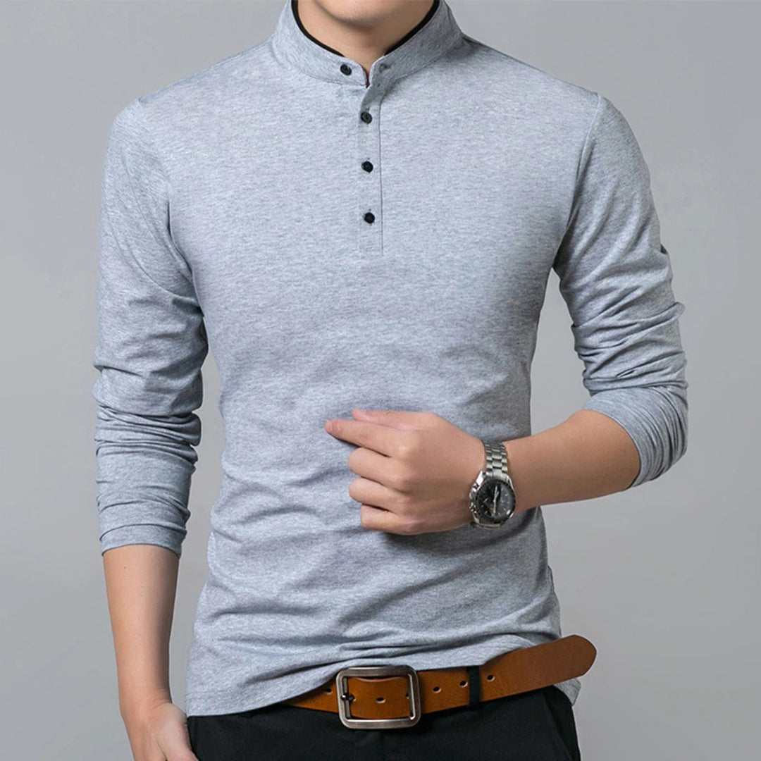 Long Sleeve T-Shirt - Buttoned Up - Slim Fit - Polo Shirt - Men's Clothing-Fashion Men Shirt Henley All-year-Chaps of London-Gray-M-Chaps of London