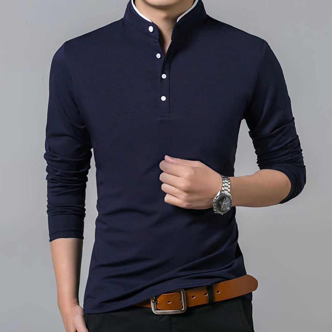 Long Sleeve T-Shirt - Buttoned Up - Slim Fit - Polo Shirt - Men's Clothing-Fashion Men Shirt Henley All-year-Chaps of London-Navy Blue-M-Chaps of London