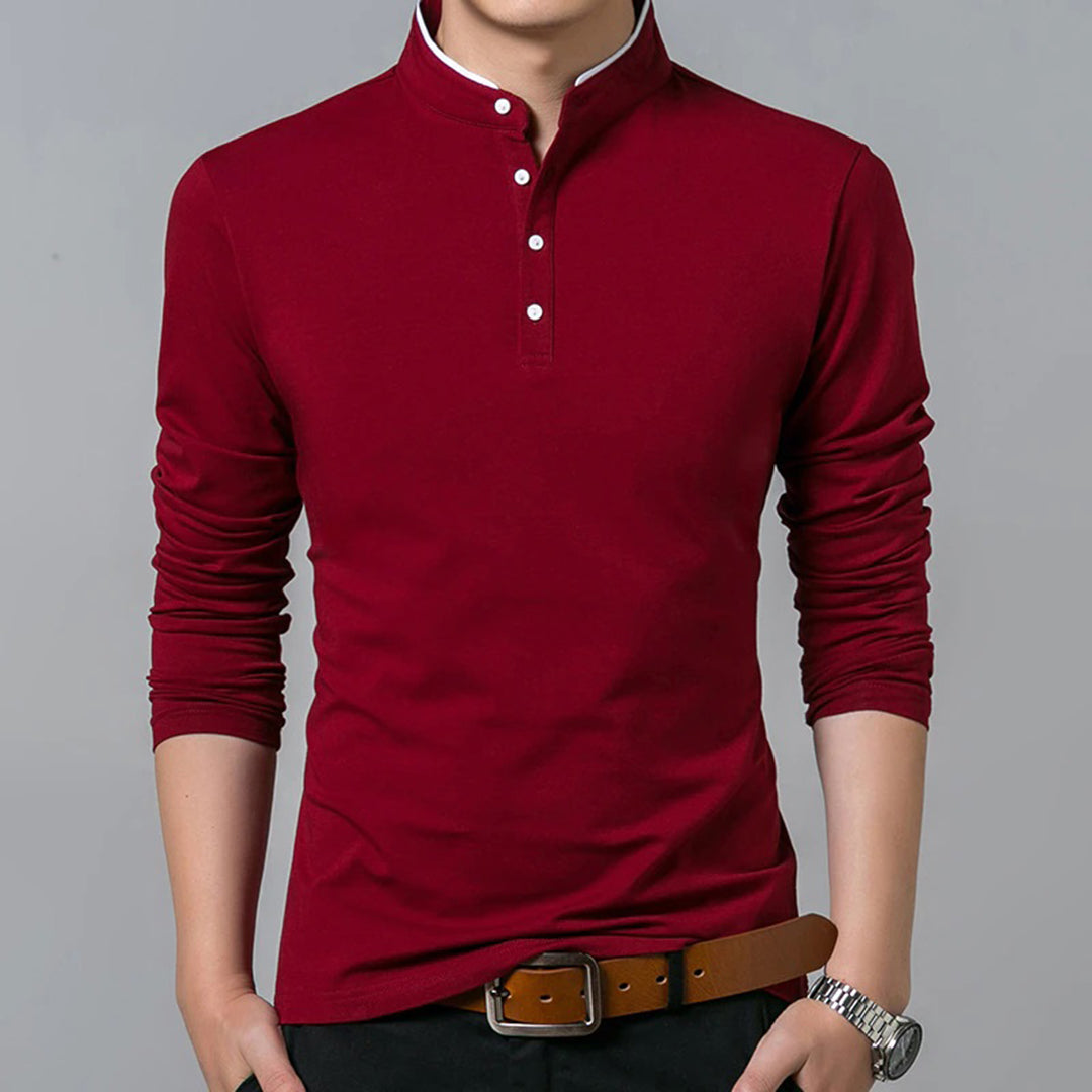 Long Sleeve T-Shirt - Buttoned Up - Slim Fit - Polo Shirt - Men's Clothing-Fashion Men Shirt Henley All-year-Chaps of London-Red-M-Chaps of London