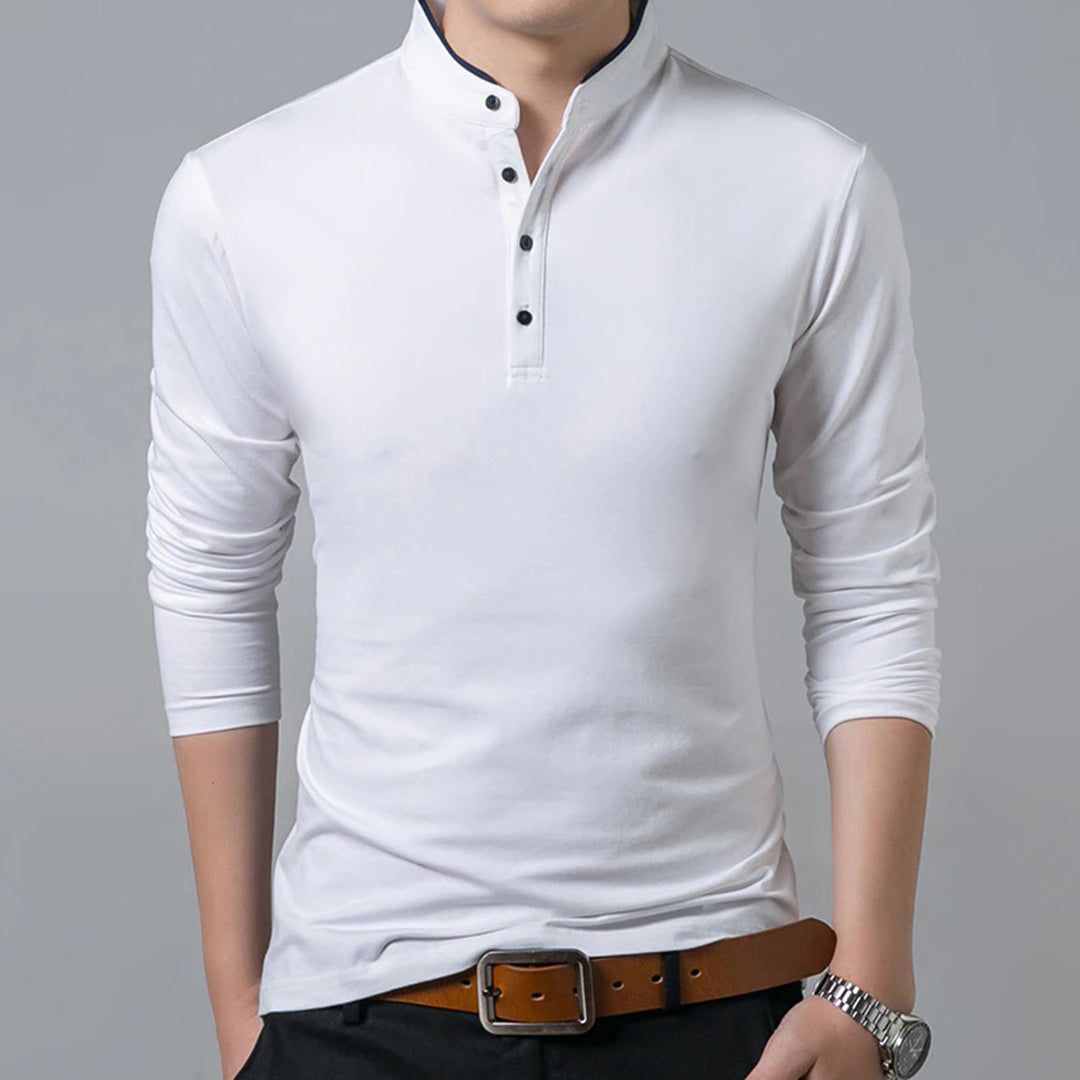 Long Sleeve T-Shirt - Buttoned Up - Slim Fit - Polo Shirt - Men's Clothing-Fashion Men Shirt Henley All-year-Chaps of London-White-M-Chaps of London