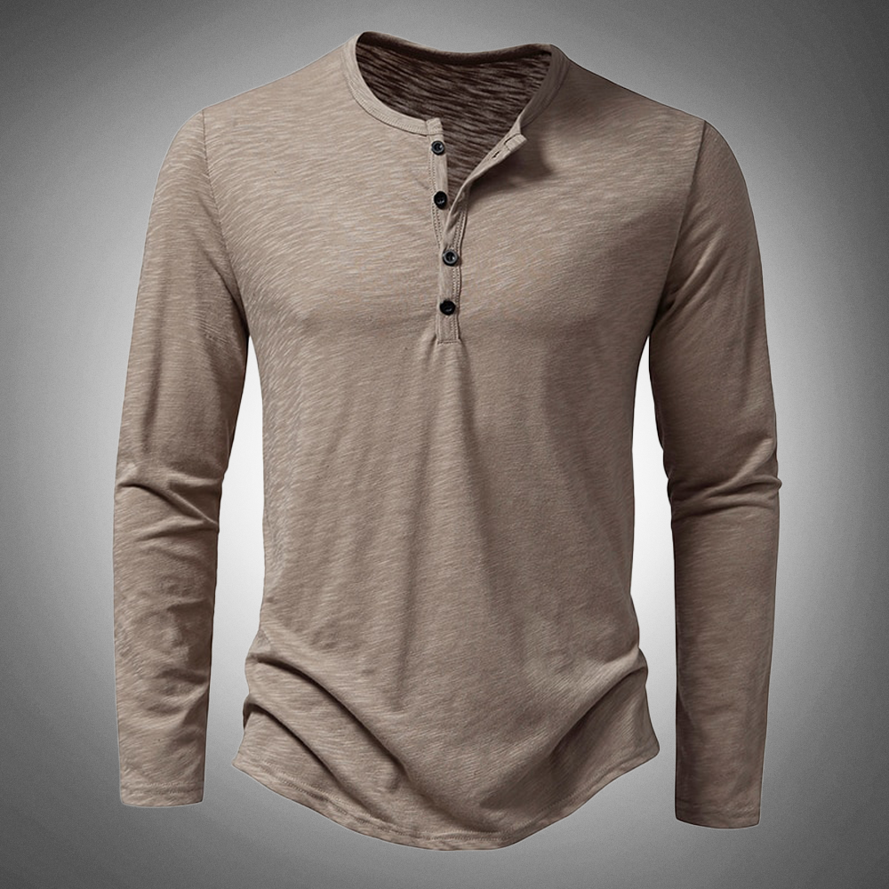 Long Sleeve T-Shirt - Cotton - Quarter Button - Plain Long Sleeve Shirts - Men's Clothing-New Arrivals-Chaps of London-Beige-S-Chaps of London