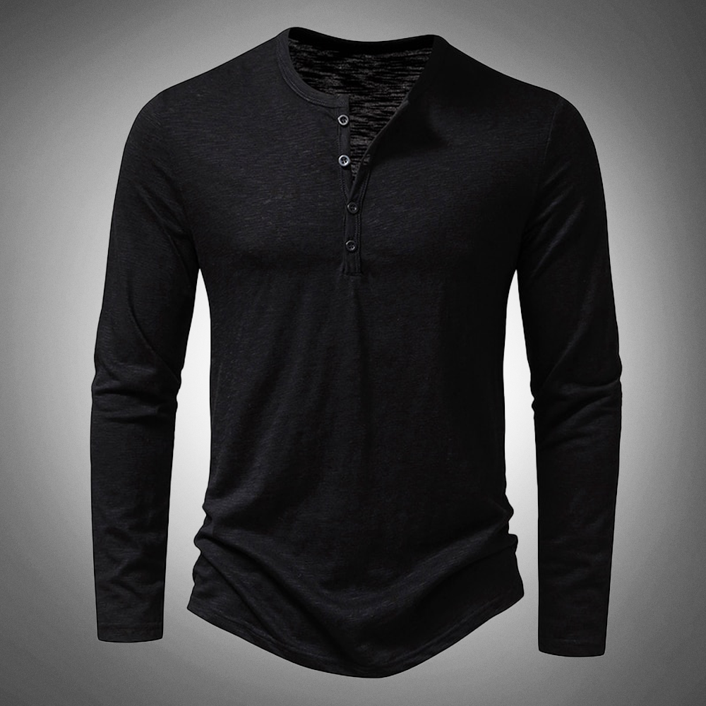 Long Sleeve T-Shirt - Cotton - Quarter Button - Plain Long Sleeve Shirts - Men's Clothing-New Arrivals-Chaps of London-Black-S-Chaps of London