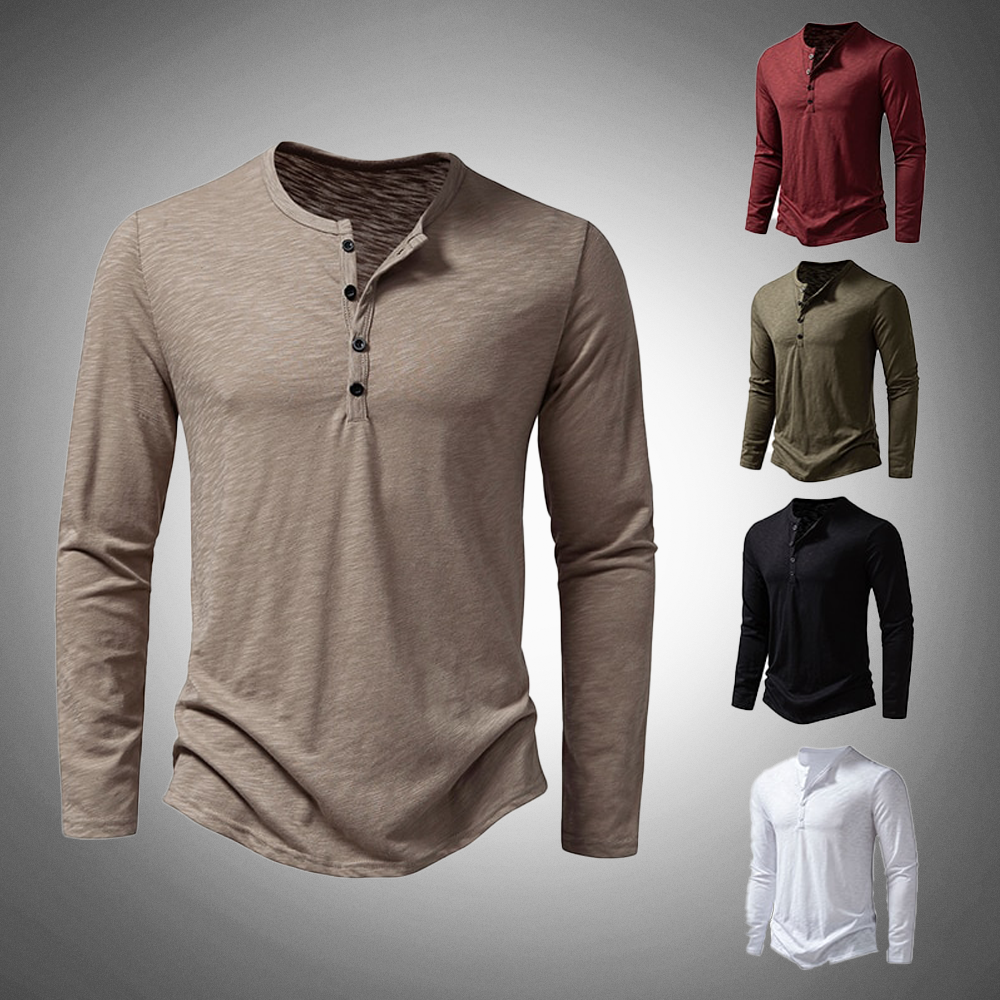 Long Sleeve T-Shirt - Cotton - Quarter Button - Plain Long Sleeve Shirts - Men's Clothing-New Arrivals-Chaps of London-Chaps of London