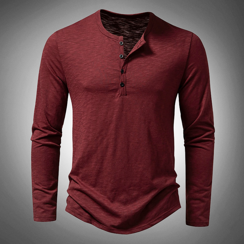 Long Sleeve T-Shirt - Cotton - Quarter Button - Plain Long Sleeve Shirts - Men's Clothing-New Arrivals-Chaps of London-Red-S-Chaps of London