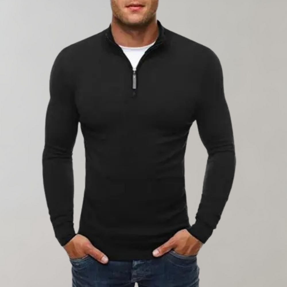 Long Sleeve T-Shirt - Half Zip - Slim Fit - Quarter Zip Shirt - Men's Shirts-Chaps of London-Black-M-Chaps of London