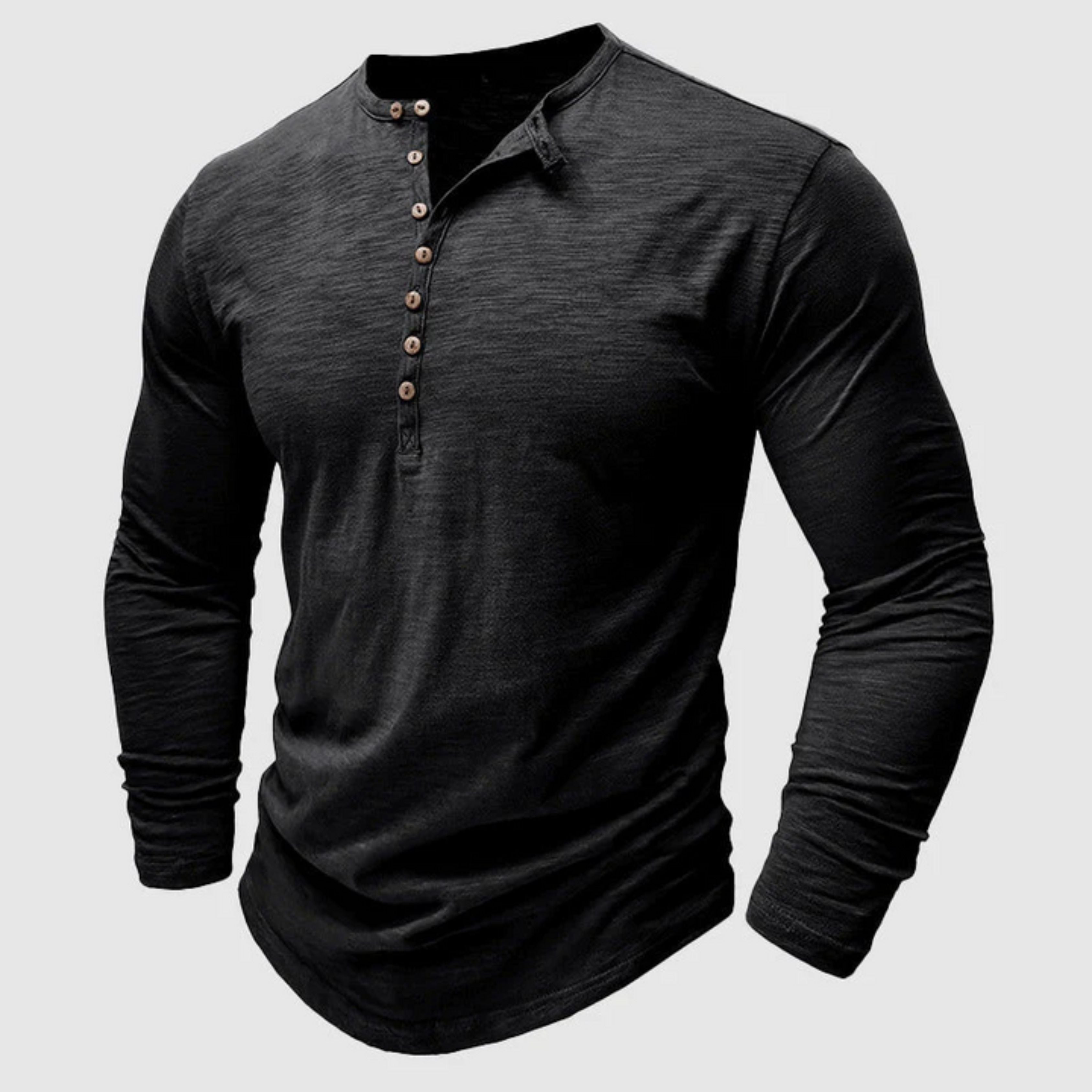 Long Sleeve T-Shirt - Men's Casual Plain Buttoned Up Henley Shirt-Shirt-Chaps of London-Black-S-Chaps of London