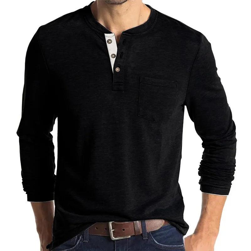 Long Sleeve T-Shirt - Men's Casual Quarter Button Crew Neck Basic Shirt-Men's Pullover-Chaps of London-Black-S-Chaps of London