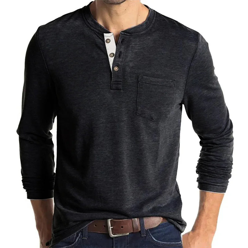 Long Sleeve T-Shirt - Men's Casual Quarter Button Crew Neck Basic Shirt-Men's Pullover-Chaps of London-Dark Gray-S-Chaps of London
