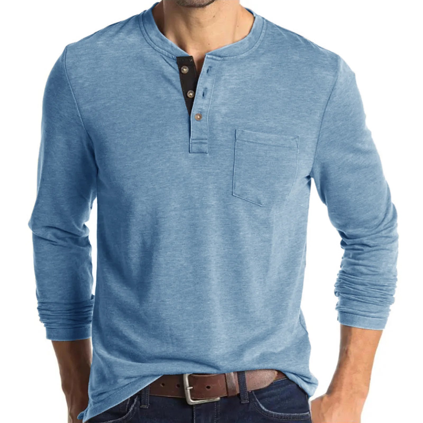 Long Sleeve T-Shirt - Men's Casual Quarter Button Crew Neck Basic Shirt-Men's Pullover-Chaps of London-Light Blue-S-Chaps of London
