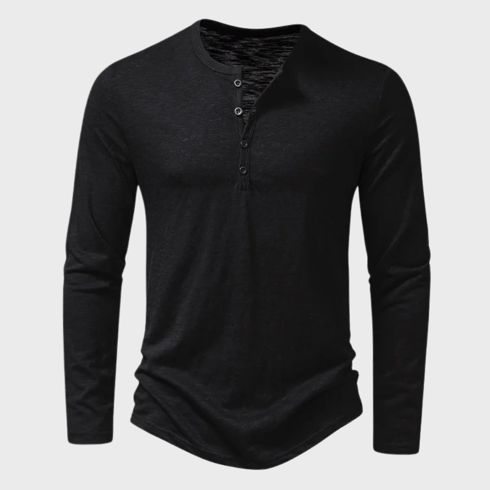 Long Sleeve T-Shirt - Men's Quarter Button Plain Long Sleeve Shirt-Chaps of London-Black-S-Chaps of London