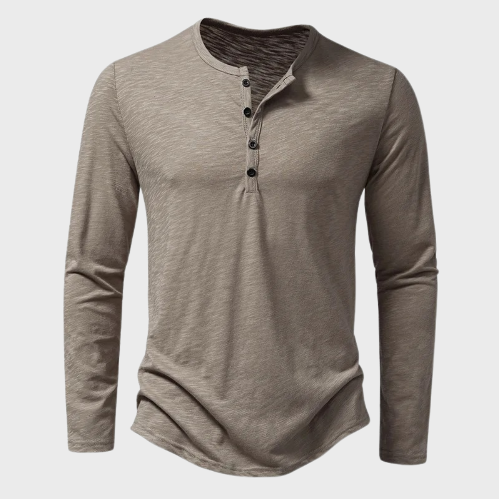 Long Sleeve T-Shirt - Men's Quarter Button Plain Long Sleeve Shirt-Chaps of London-Khaki-S-Chaps of London